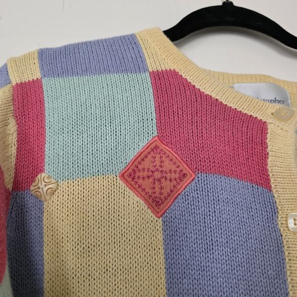 Vintage Pastel Checkered Cardigan Sweater Women L Fairy Embroidered Boho Cottage - Picture 4 of 9